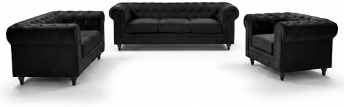 Bravich Velvet Chesterfield Sofa Suite | Armchair 2 & 3 Seater Sofa Set | Soft Plush Fabric | Foam Seat Cushions | Scroll Arms | Button Studded Back | Living Room | Black