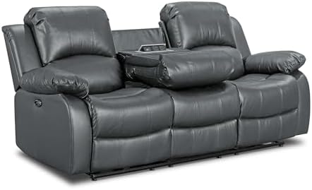 Lovesofas Faux PU Grey Leather Electric 3 Seater Recliner Sofa with a Drop Table Console for Living Room – Electric Sockets USB & Cupholders, Durable PU Fabric, 3 – Position 160 Degree Recline