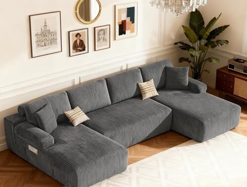 DURASPACE 126.2” U Shaped Modular Sofa with Chaise, Cloud Boneless Comfort Sectional Sofa Couch, Modern Corduroy Deep Seat Couch, Convertible 4-Seater for Living Room (Grey)