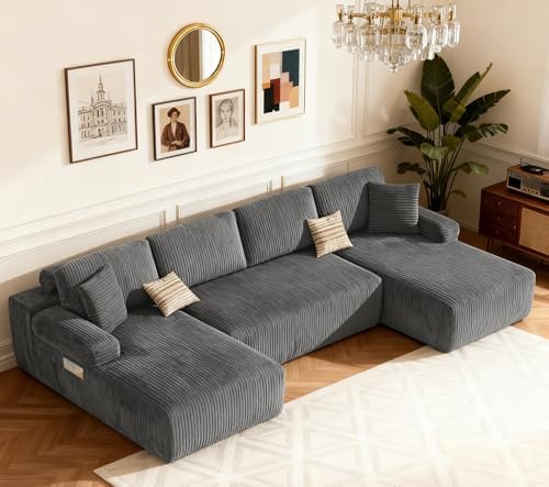 DURASPACE 126.2'' U Shaped Modular Sofa with Chaise, Cloud Boneless Comfort Sectional Sofa Couch, Modern Corduroy Deep Seat Couch, Convertible 4-Seater for Living Room (Grey)