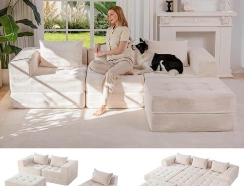 MAXYOYO Modular Sectional Sofa Bed, Convertible Sofa Bed with Foldable Sleeper and Throw Pillow, Corduroy Tufted Floor Couch Boneless for Living Room, Bedroom, Guest Room, No Assembly