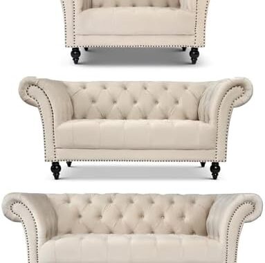 Bravich Chesterfield Velvet Sofa Suite, Cream Armchair, 2 and 3 Seater Sofa Set, Living Room Furniture, Classic Button Back, Solid Wood Frame, 3 Piece Collection