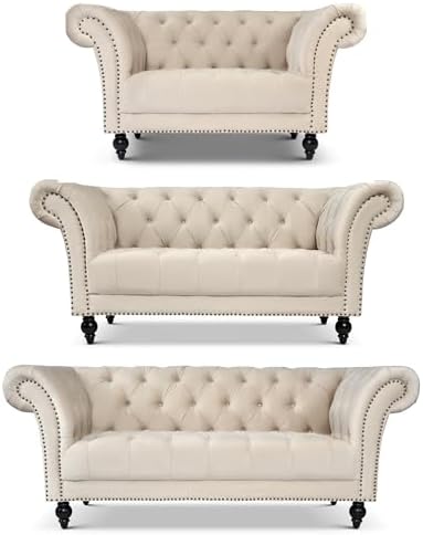 Bravich Chesterfield Velvet Sofa Suite, Cream Armchair, 2 and 3 Seater Sofa Set, Living Room Furniture, Classic Button Back, Solid Wood Frame, 3 Piece Collection