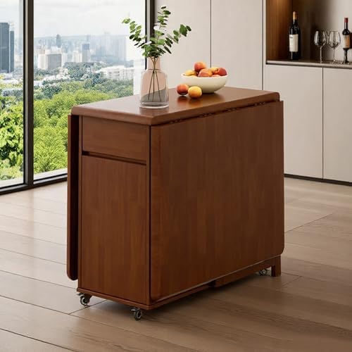 Vintage-Inspired Foldable Dining Table on Wheels 1.3m & 1.5m Walnut Design with Hidden Storage | Movable Centrepiece for Compact Living Rooms & Kitchens (130cm table+4 chairs)