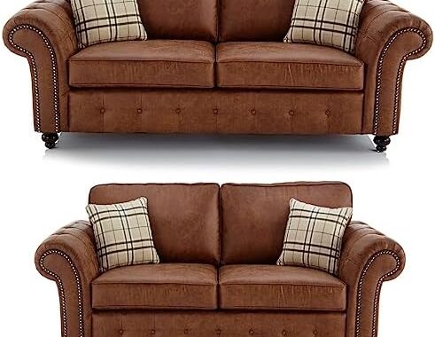 Furnishings For Less UK New Oakland Charcoal Leather Sofa Suite 3 Seater and 2 Seater Chesterfield Vintage Country Design (Sofa Suite (3 Seater + 2 Seater), Tan)