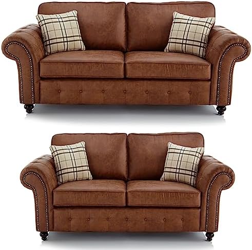 Furnishings For Less UK New Oakland Charcoal Leather Sofa Suite 3 Seater and 2 Seater Chesterfield Vintage Country Design (Sofa Suite (3 Seater + 2 Seater), Tan)