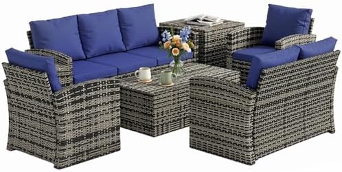 Outsunny 6 Pieces Rattan Garden Furniture Set, 7 Seater Wicker Outdoor Furniture Set with Storage Tea Table & Side Table, Sectional Garden Sofa Set with Cushions, Navy Blue
