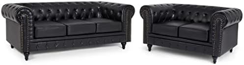 Bravich Chesterfield Sofa Set 2 and 3 Seater, Black Faux Leather Settee Suite with Scroll Arms and Button Studded Back, Living Room Sofas – 205cm + 160cm