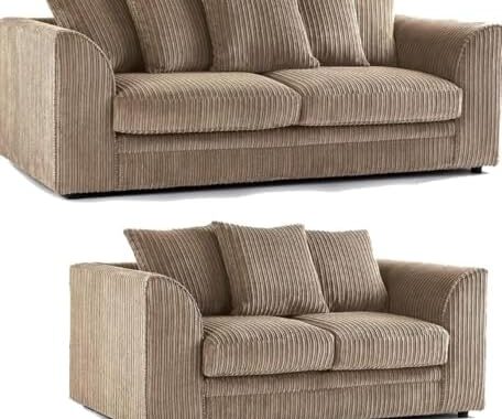 SofaSelection Jumbo Cord 3 and 2 Seater Sofa Set, Soft Cord Fabric 3+2 Lounge Suite with Deep-Filled Scatter Back Cushions, Matching Family Living Room Couches (Beige)
