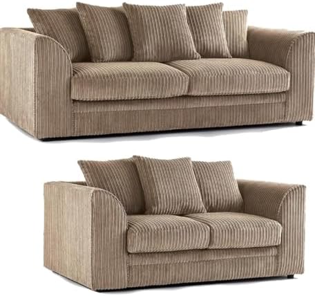 SofaSelection Jumbo Cord 3 and 2 Seater Sofa Set, Soft Cord Fabric 3+2 Lounge Suite with Deep-Filled Scatter Back Cushions, Matching Family Living Room Couches (Beige)