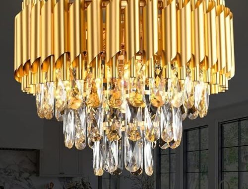 Gold Modern Crystal Chandeliers 3-Tier K9 Round Crystal Light Fixture Small Gold Chandeliers Ceiling Light Fixture for Dining Room Living Room Bedroom Entryway E14*5Light